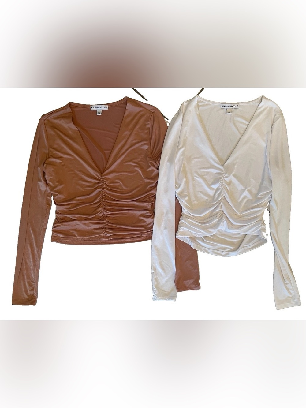Women's V-Neck Ruched Long Sleeve Top - White & Copper Tan